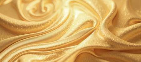 Golden silk fabric with smooth curves and sparkling details, bright luxury satin with soft folds and glowing light, elegant gold background with shimmering abstract reflectionの写真素材