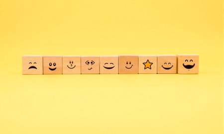 Wooden blocks with cheerful smiley faces and stars on yellow background representing ratings...