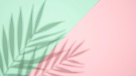 Diagonal abstract flat lay with botanical shadow and modern tropical atmosphere in daylight on pink and green background for branding or digital mediaの写真素材