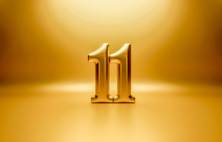 Reflective 3D digits 11 eleven on glowing yellow floor with soft light used for branding promotion corporate visual or elegant design content. 3d renderingの写真素材