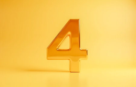 Shiny digit four 4 standing on bright yellow floor with clean reflection perfect for business graphics promotions branding success or editorial design. 3d renderingの写真素材