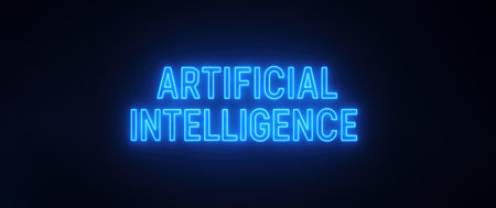 Blue illuminated glowing letters artificial intelligence represent advanced machine learning systems used for innovation automation tech development network and smart solutions interfaceの写真素材