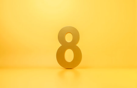 Simple elegant yellow stage with matte metallic eight in center, representing universal energy, karmic cycles, achievement, balance and positive transformation. 3d renderingの写真素材