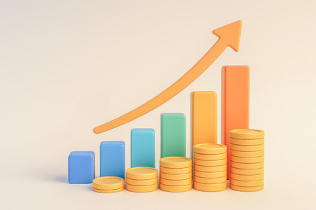 3D illustration colorful financial chart stacks gold coins bars up arrow successful profitable investment money wealth economic increaseの写真素材