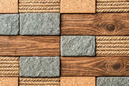Detailed composition showing combination of earthy materials including grey rocks, oak timber textures, cork blocks and braided jute rope for eco and craft themesの写真素材