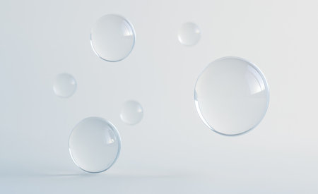 Clear gentle floating bubbles minimal background beauty skincare wellness hygiene spa cosmetics advertising graphic modern fresh simple relaxation clean purityの写真素材
