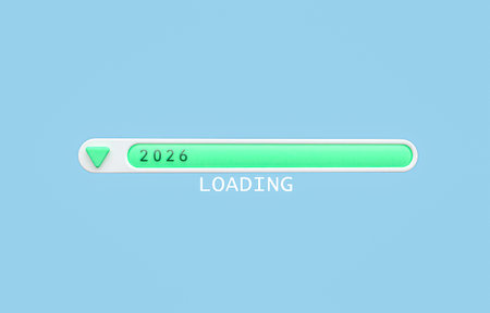 Digital progress bar displaying 2026 year loading, green progress line, futuristic digital design, blue backdrop, modern technology, countdown anticipation, vision of future eraの写真素材