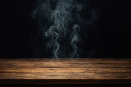 food mockup display. Empty wood serving surface with swirling smoke detail, hovering above dark background, atmospheric scene. restaurant menu display food stylingの写真素材