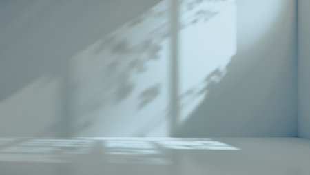 Bright interior with natural light reflections and abstract shadows, smooth surface for product placement, calm design, simple layout, peaceful environment, contemporary style, blank sceneの写真素材