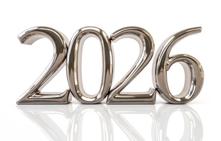 2026 new year greeting shiny numbers creative festive web banner design isolated on white background, futuristic style modern. 3d illustrationの写真素材