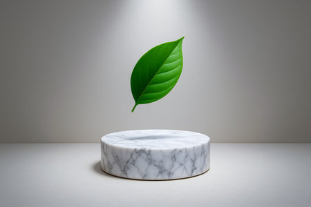Single green leaf hovers in air above white marble platform, modern clean style, organic presentation for cosmetics, skincare, or sustainable branding promotionの写真素材