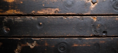 Close up of textured dark wood planks showing cracks knots and vintage surface great for advertising mockups and design backgroundの写真素材