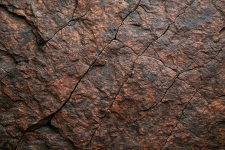 Detailed closeup of brown cracked stone surface, natural rock texture, perfect for backgrounds, geology themes, construction, mining, rugged material, and earth conceptの写真素材
