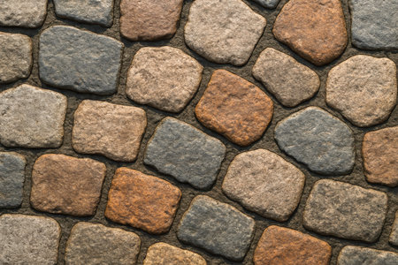 Closeup of vintage stone paving pattern with uneven cobblestones, natural texture, gray and brown...