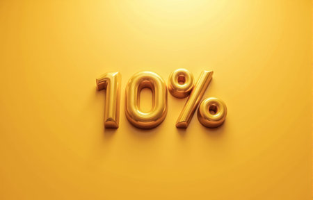 Shiny metallic 10 percent figure isolated on bright yellow background, useful for commercial sale coupon label bonus campaign banner or loyalty program. 3d renderingの写真素材