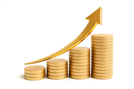 3D illustration of economic success, business profit, income increase, financial opportunity, stacked coins and rising arrow, visual for banking, savings, investment and wealthの写真素材