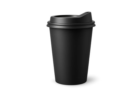 Matte black insulated coffee tumbler with secure lid, reusable takeaway cup for hot or cold drinks, eco lifestyle, modern beverage advertising, mockupの写真素材