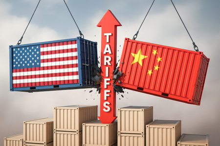 Illustration of tariff increase, shipping containers with US and China flags, symbolizing conflict, restrictions, and rising costs for global businessの写真素材