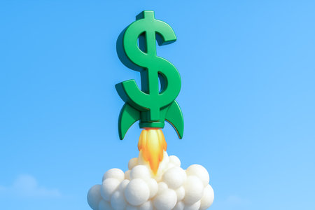 Green dollar rocket fires up with orange flame and cloud, representing investment success, financial strategy, wealth accumulation, rapid income growth, economic upward trend, 3d renderingの写真素材