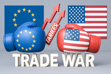 Boxing gloves with US and EU flags symbolize international tariff increase, trade conflict, and global economic struggle for business and financeの写真素材