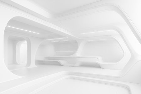 Bright abstract white room with smooth geometric shapes, sci-fi architecture, concept of digital workspace, advanced technology, future lifestyle, innovation and minimalistic styleの写真素材
