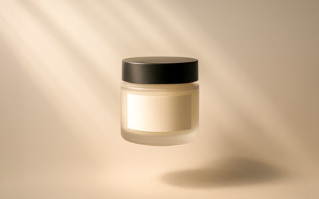 Modern frosted glass cosmetic jar with black lid and blank label, floating in light, great for skincare, moisturizer, or beauty cream product presentationの写真素材