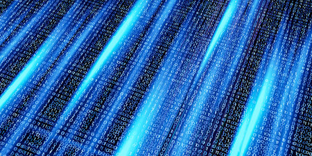 Dynamic binary backdrop with rows of glowing ones and zeros, visualizing flow of digital...