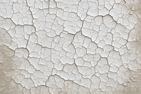 Aged wall closeup, cracked horizontal plaster, peeling white paint, detailed grunge background, perfect for renovation, construction themes, restoration, interior, damage texture, weathered effectの写真素材