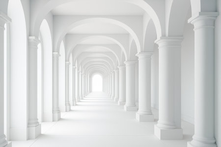 Symmetrical perspective in spacious white corridor with big arches and classic columns, elegant space for event, gallery, business project, mockup, branding, interior designの写真素材
