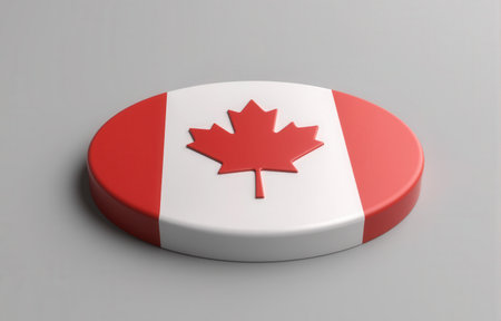 Canadian flag emblem in glossy button style, clean modern icon with red white colors, travel campaigns, patriotic media, voting visuals. 3D illustrationの写真素材