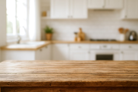 Natural wood kitchen countertop in bright home, showcasing meals, drinks, healthy snacks, or culinary products, ideal for food bloggers, advertisements, modern lifestyle imagesの写真素材