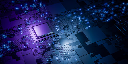 Advanced computer processor chip with purple glow, symbolizing data transmission, artificial...