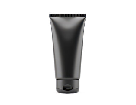 Vertical matte black cosmetic tube standing upright, empty blank container for facial cream, gel, lotion or cleanser, perfect for branding design, skincare, cosmetic packaging, clean mockupの写真素材
