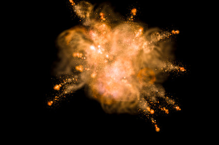 Light energy detonation with fire spark clouds and dusty texture used in film special effects fantasy battle simulations or war animation scenesの写真素材