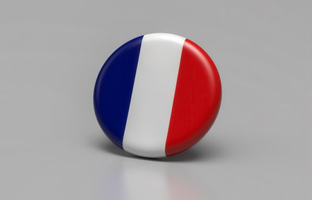 Colorful round badge showing France tricolor flag red white blue used for visual identity souvenir icon tourism business design international media. 3d renderingの写真素材