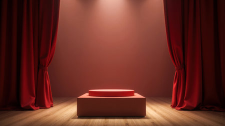 Square red podium in spotlight, framed by tied red curtains and wooden floor. Designed for awards, presentations, or performances in a warm professional environmentの写真素材
