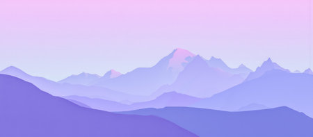 Beautiful abstract digital illustration of layered misty peaks under pink sky, this tranquil scenery creates a peaceful mood for relaxing meditation visualsの写真素材