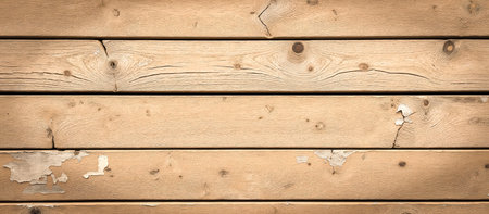 Old weathered wood planks with cracks and distressed paint. Represents rustic country style, aged materials, and authentic vintage surface textureの写真素材