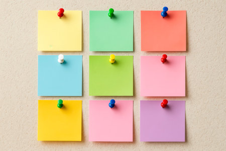 Beautiful grid of blank paper squares in different pastel colors, this simple template is perfect for teamwork, office communication, or educational conceptsの写真素材