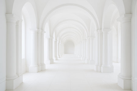 Long bright gallery with many white classical columns, arches and daylight, elegant modern exhibition or business interior, clear background, ideal for mockup, designの写真素材