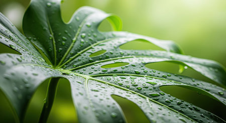 Beautiful abstract texture of large wet jungle plant after intense tropical rain, this serene fresh image is perfect for amazing wellness or ecology branding conceptsの写真素材