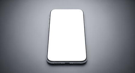 Cellphone with empty display for app or website design placement, technology device template on office desk concept, minimalist digital product marketing theme with realistic light and shadowの写真素材