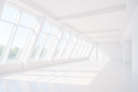 Large sunlit room with slanted glass windows, white minimalist interior, modern apartment or commercial space, empty and clean, real estate, design mockup, presentation, creative advertisingの写真素材
