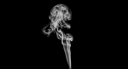 graceful trail of cigarette overlay or incense smoke creating elegant shape, abstract smoke design element theme, concept for aroma, smell, meditationの写真素材