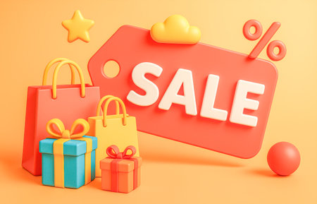 Promotional sale banner, 3d rendering tag, shopping bags, percentage sign, gifts, colorful boxes, orange yellow background, discount event, retail marketing, commercialの写真素材