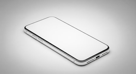 New cellphone in isometric position for user interface showcase, electronic device template with white screen, business technology communication theme for ux and ui design portfolio placementの写真素材