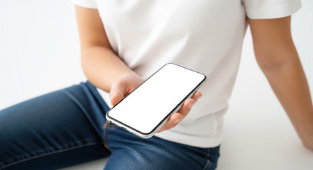 woman sitting with cellphone showing white screen for website or app design, user with modern gadget concept, everyday mobile technology. social media content placementの写真素材