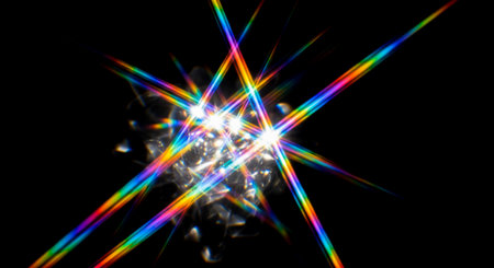 sparkle overlay. Realistic gemstone glitter with colorful spectrum rays creating star pattern, diamond sparkle effect theme, isolated magic jewel shine for photo editing and creative decorationの写真素材