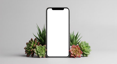 new cellphone model showing screen and rear cameras with natural decoration, technology and nature concept, stylish electronic device presentation theme for tech blog or online store promotionの写真素材