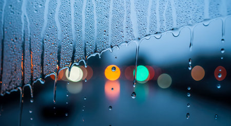 Abstract view from inside vehicle during storm, this moody cinematic image shows any big city at night during bad weatherの写真素材